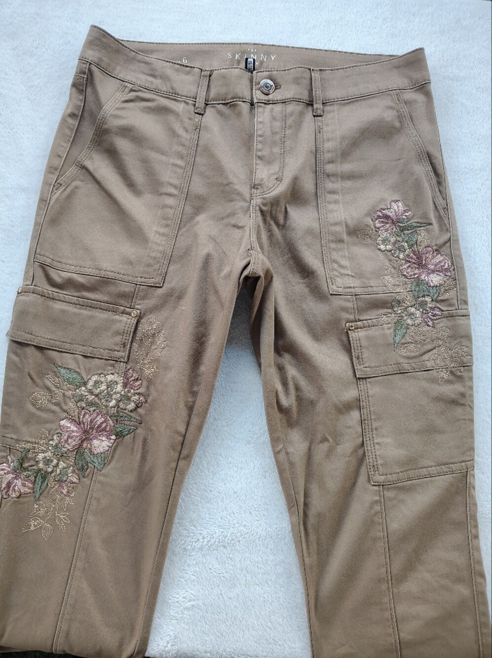 White House Black Market Tan Cargo Pants with Floral Embroidery